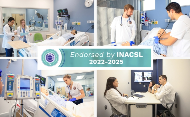 4 photos of students working with mannequins in the UR Nursing simulation suites and skills lab; INACSL Endorsement logo in the center of the photo.