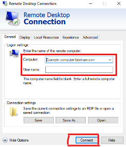 Type the Computer Name and your username into the fields, then click connect