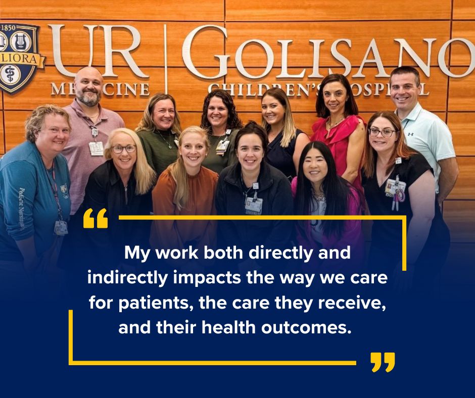 Lindsay and her team in a group photo at GCH, with a quote: "My work both directly and indirectly impacts the way we care for patients, the care they receive, and their health outcomes."