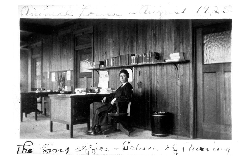 Helen Wood sits in the first office of the School of Nursing, in a black and white photo from 1928