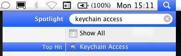 Spotlight highlighting Keychain Access